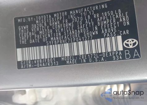 2014 Toyota Corolla Le Eco Plus из США, поврежденный, VIN 5YFBPRHE3EP041277